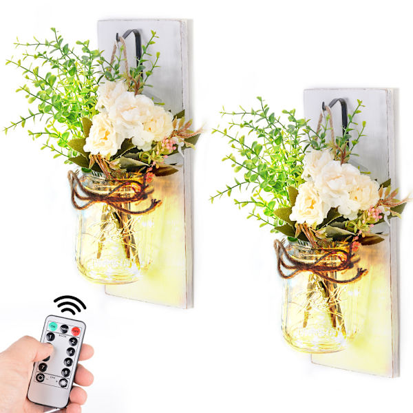 Rustik vägglampa Mason Jar vägglampor Handgjord väggkonst Hängande design med fjärrkontroll LED-lampor och buketter, bondgårdskök Dec