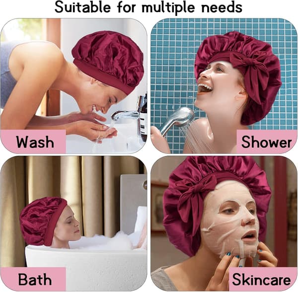 Satin nattmössa, satin sovhatt, justerbar duschmössa, elastisk mössa, dam sovhatt för sömn, dusch, hårvård, spa, frisörsalonger (röd)