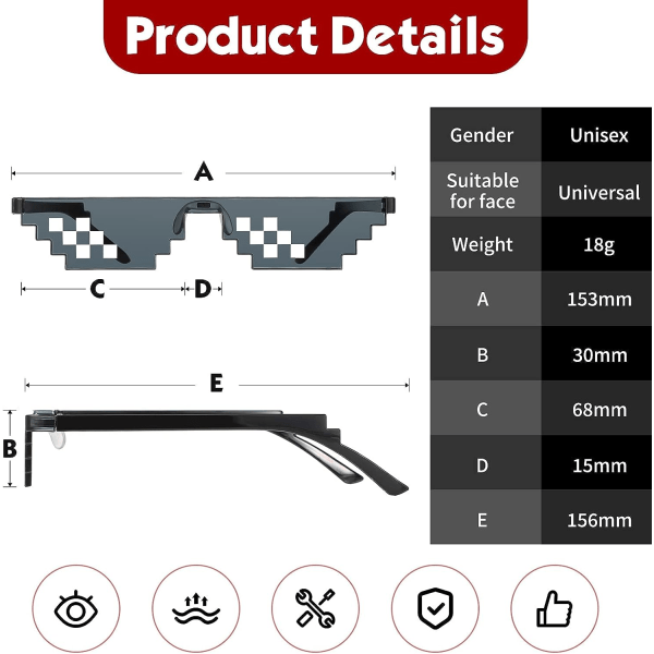 8-bittiset pikselimosaiikkilasit Unisex-aurinkolasit Anti-UV-pelaajalasit Siistit lasit miehille, naisille ja lapsille Valokuvausrekvisiitta (5,8 x 5,9 x 1,18 tuumaa)