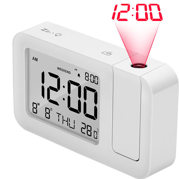 Loftprojektionsvækkeur med baggrundsbelyst display, dato, indendørs temperatur, USB-opladningskabel, strømforsyning og batterier (Sne hvid)