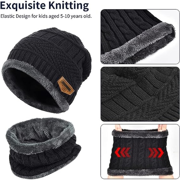 Lasten talvihattu huivi set - musta Warm Thermal Knitted Bea