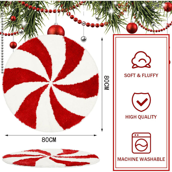 Jule Baderomsmatte 80cm - Vaskbare Runde Badematter, Rød Hvit Godteri Badematte, Vinter Sklisikre Badematter, Absorberende Matter Dørmatte med Bakside for Bad