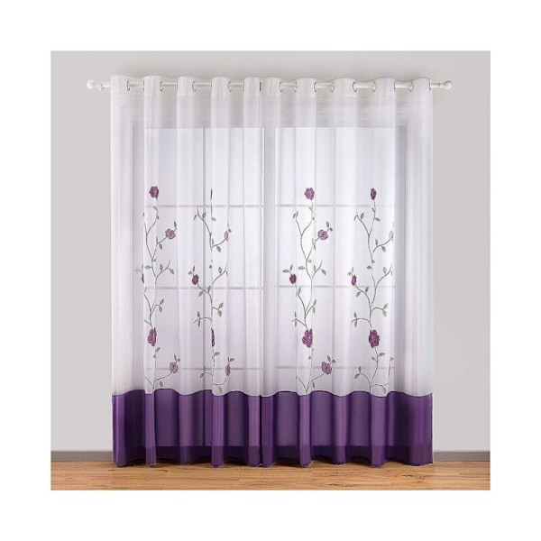 Parti om 2 - 140cmx245cm, lila gardiner med Woods Voilages blomsterbroderi för sovrum vardagsrum