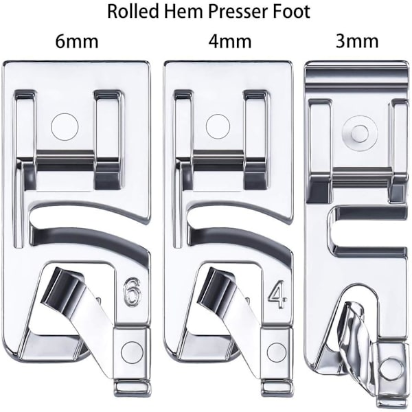 3 st smala rullade fållar symaskin pressarfot set lämplig för hushåll multifunktionella symaskiner (3mm, 4mm och 6mm), syklämmor