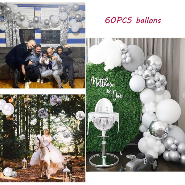 Sett med 60 ballonger, 12 tommers sølvballonger metallisk lateksballong