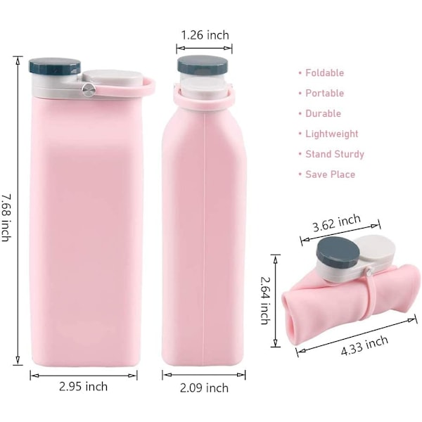 Hopfällbar Vattenflaska, BPA-fri - 590 ml Hopfällbar Vattenflaska för Resor, Sportvattenflaska, Trippel Läcksäker Lättviktig (Rosa)