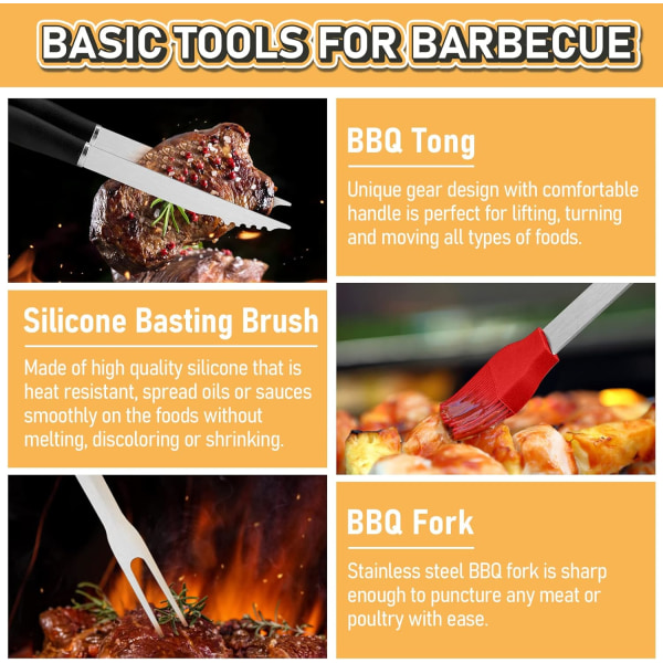 BBQ-tilbehør, 7-delt grillredskabssæt i rustfrit stål til mænd, udendørs grillredskaber med opbevaringspose til madlavning, camping, grillning og rygning