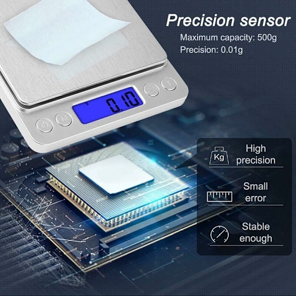 Precisionsvåg 500g/0,01g, köksvåg/fickvåg/smyckesvåg, hög precision, LCD-skärm, Tara & PCS & 2 brickor funktion