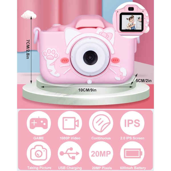 Rosa kamera för barn, 2,0 tum digitalkamera för barn, leksak digital C