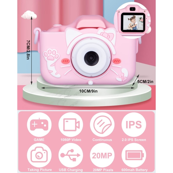 Rosa kamera för barn, 2,0 tums digitalkamera för barn, Toy Digital C