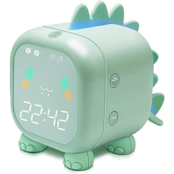 Dinosaur Square Barnealarmklokke (Grønn, 8,8*12*11,5cm) Digital Alarmklokke for Barnerom Søt Sengelampe Søvntrener Bursdag G