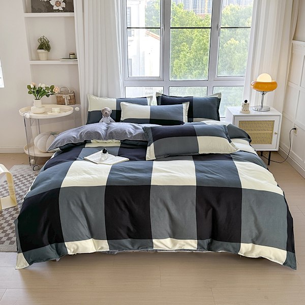 Bomull Rutete Queen Size Bomull Dynetrekk Queen Size Geometrisk Mønster Dynetrekk Putetrekk Sett Reversibel Beige Khaki Grå Svart Rutete 4 Deler B