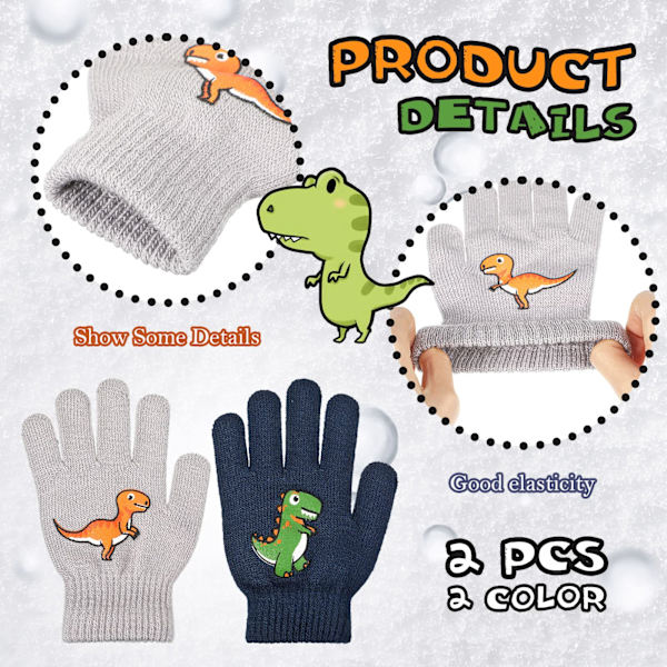 2 par stickade vinterhandskar magisk stretch mjuk varm full finger barn dinosauriemönster för pojkar flickor, marinblå och grå, 6 x 3,34 tum