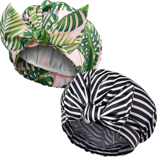 2 stk dusjhetter for kvinner, gjenbrukbare dusjhetter vanntett elastisk kant turban badehette for langt hår (palmeblad og stripe)