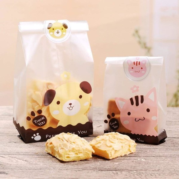 100 Pack Clear Resealable Cookie Bags and 109 Cute Dog Stickers for Cookies, Baking, Candy, Gift Wrapping (50 Cats + 50 Dogs)