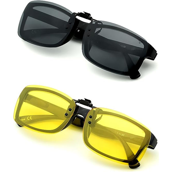 Sett med 2 polariserte solbriller, flip-up og ultralette, over briller, solklips, menn, kvinner, anti-UV