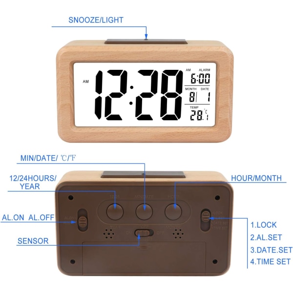 Enkel Trä Digital Väckarklocka med Temperatur, Digital Väckarklocka, Datum, Bakgrundsbelysning, Snooze, för Sovrum, Sängbord, Hem, Kontor, Tyst