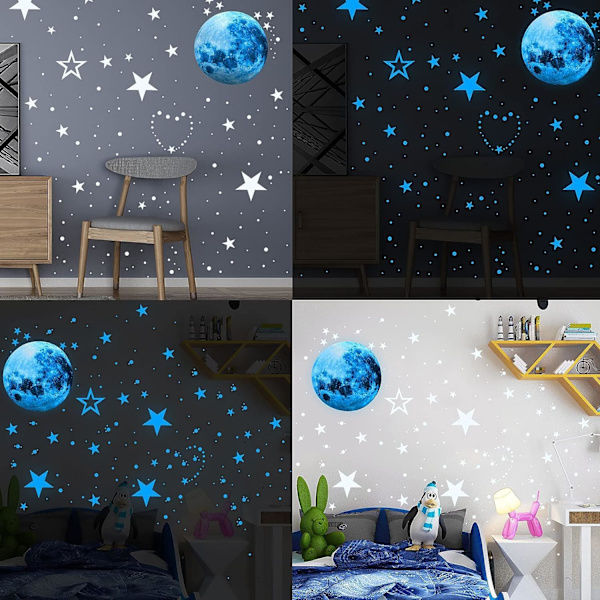 435 Stycken Lysande Dekaler, Glow in the Dark Stjärnor, Fluorescerande Måne Lysande Stjärndealer, Glow in the Dark Stjärnor Tak för Baby Barn Sovrum (B