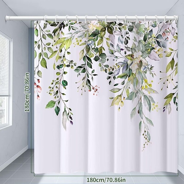 Blomstret bruseforhæng med 12 kroge, vandtætte polysilicone bruseforhæng, maskinvaskbare, hurtigtørrende, 180x180cm til badekar eller badeværelse (Grøn)