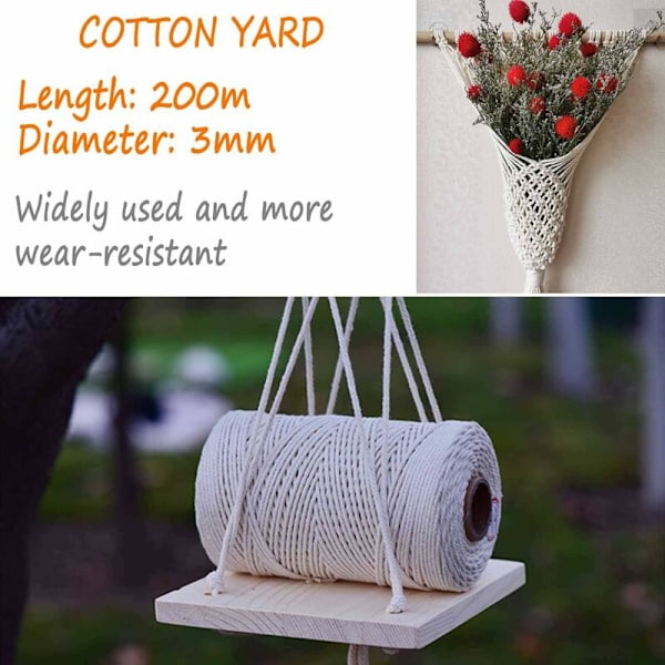 Naturligt bomullsgarn, Macrame bomullsgarn hantverk, DIY hantverkssnöre, Macrame garn, 3mm x 200m Macrame garn för väggbonad, hängande växt, DIY dekorati