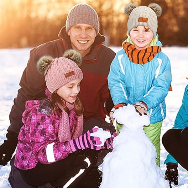 Børns Vinter Varme Hue Hat Halstørklæde Handsker Sæt khaki Termisk Strik Hæklet Tyk Fluffy Toddler Halstørklæde Dobbelt Pom Pom Bobble Hat med Kunstpels til Piger