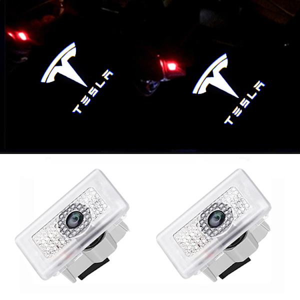 Ett par ultraljusa projektionslampor (logotyp+engelska), lämpliga för Tesla Model S/3/X/Y, ett paket med 2 Tesla-logotyp LED-dörrbelysnings välkomstljus