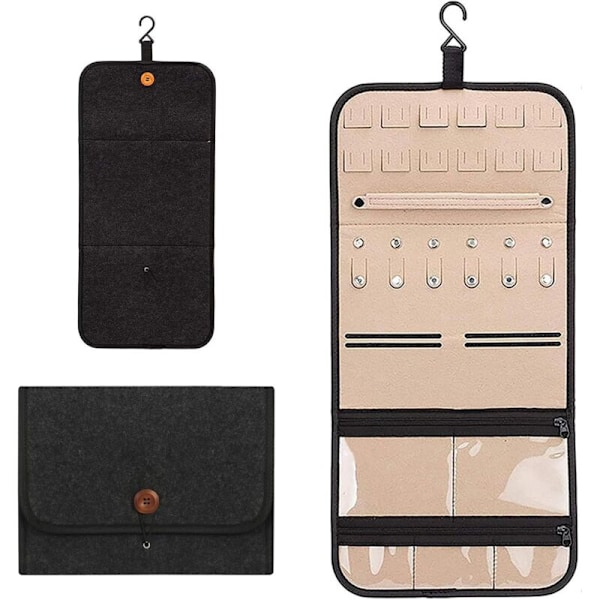 Smykkerulle til opbevaring, 26 x 20 cm, Foldbar makeup-taske i ruskind med krog, Smykketaske til halskæde, øreringe, ringe, armbånd (Stor kapacitet, let)