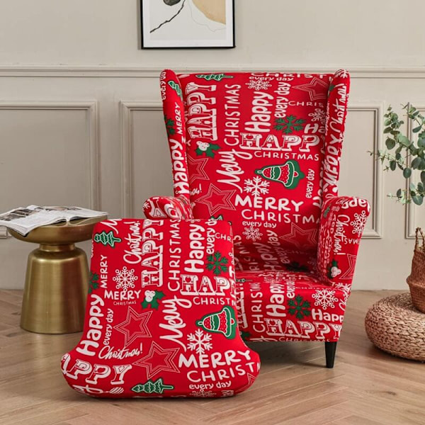 Lenestoltrekk med utvidbare ører, 2 rom, lenestoltrekk med T-putetrekk, sklisikkert lenestoltrekk, for stue, hotell, soverom (Christma