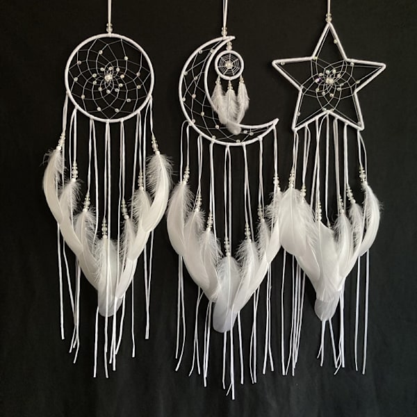 Blå fjer - 3 stk. Halloween drømmefanger sol måne stjerne design traditionelt håndlavet design til vægophæng boligindretning (sort)