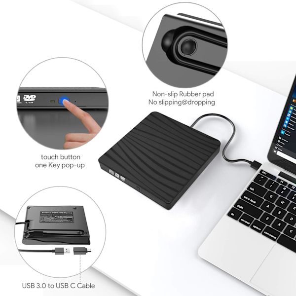Ulkoinen CD/DVD-asema, USB 3.0 Type-c - Ulkoinen DVD-poltin CD-tallennin Kannettava ohut RW/ROM Nopea siirto Windows 11/10/8/7/XP/Vista/Mac OS