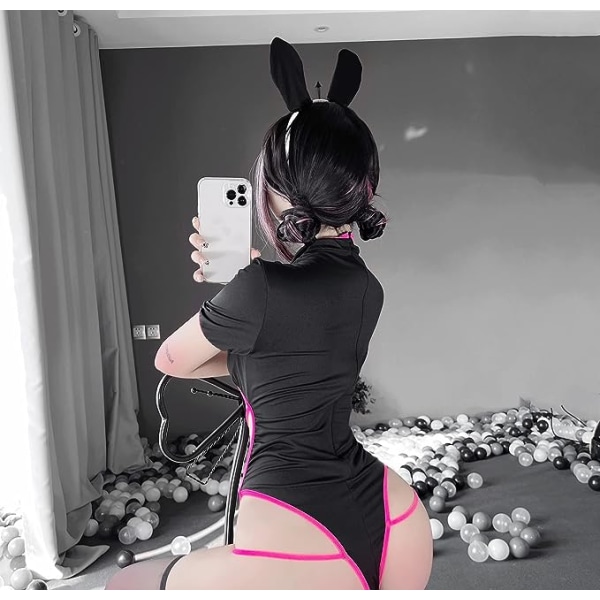 Sort Sexet Kanin Undertøj fræk kattekostume Kawaii anime bikini stuepige rollespil kostume Hjerteformet udskæring one piece rygstropper one piece su
