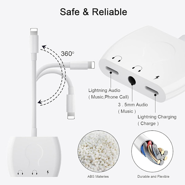 iPhone-hörlursadapter, 4 i 1 hörlursadapter för iPhone Dual Plug Lighting till 3,5 mm hörlurar, kompatibel med iPhone 14/13/12/11/X/8/7, Lighti