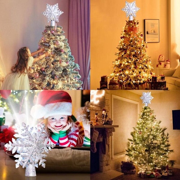 Juletretopp med LED Roterende Sølv Snøfnugg Dekorasjon Projektor, Nattlys Projektor for Innendørs Utendørs Juletrepynt