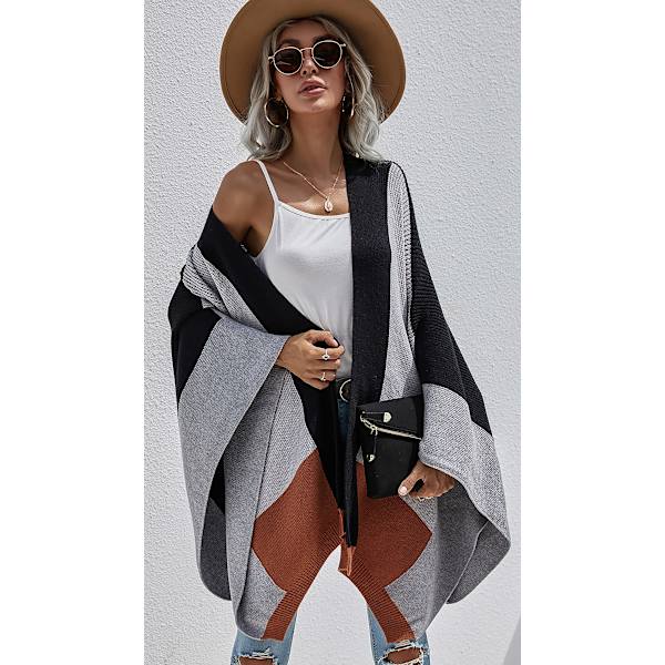 Kvinners Boho Buffalo Plaid Cape Cashmere Sjal Genser Cardigan Vinter Teppe Frakk, Svart