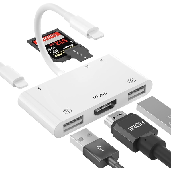 HDMI OTG -sovitin iPhonelle, USB HDMI -sovitin, Lightning HDMI -digitaaliseen AV 6-in-1, SD -kortinlukija, USB -kamerasovitin, yhteensopiva iPhonen, Padin kanssa,