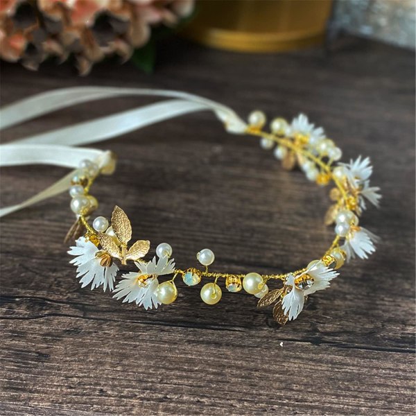 Blomsterkrone Daisy Hodebånd Kvinner Blomster Hodebånd med Bånd Blomsterkrone Hodebånd Bryllup Hår Tilbehør Gull Perler Krystall Hode Hodebånd for K
