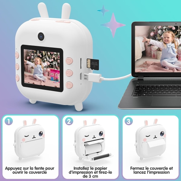 Instant Print digitalkamera för barn, 2,4 tums LCD-skärm, 1080P HD Selfie Videokamera videokamera med 32 GB TF-kort, födelsedag och jul