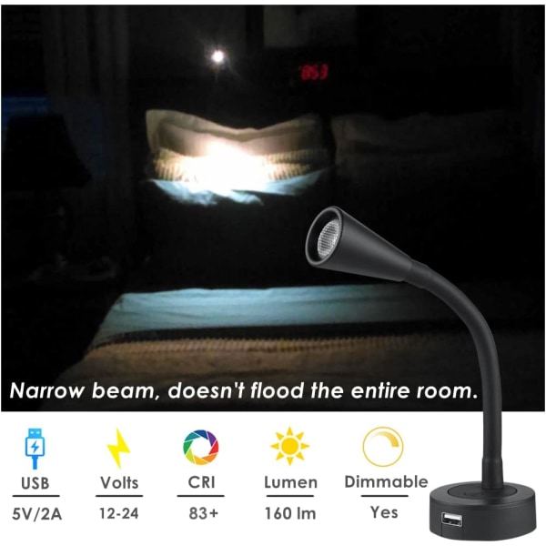 1 stk LED-leselampe 12V dimbar 2 stk, bobil-båt sidevegglampe 3200K med USB-lader og dimmerbryter for campingvogner lastebiler.