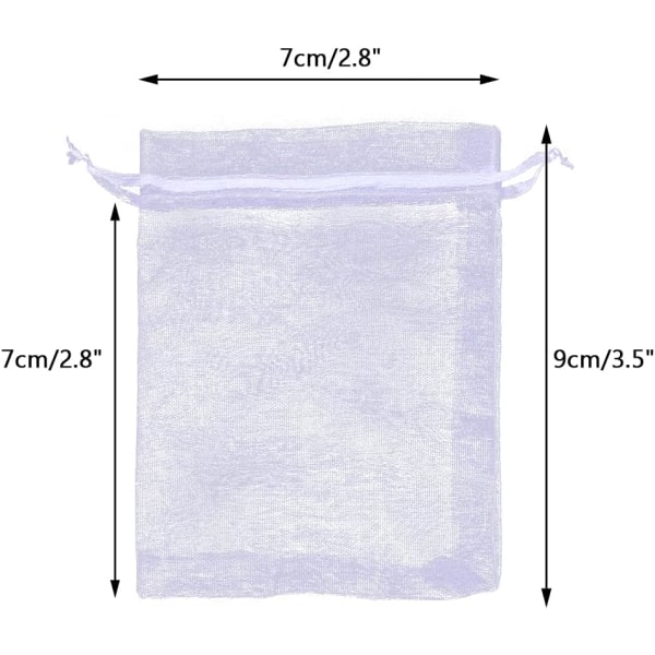 100 stk. Organzaposer 7x9cm, Små Organzaposeposer Smykkepose med Snøretråd, til Julebryllupsgave Slik (Hvid)