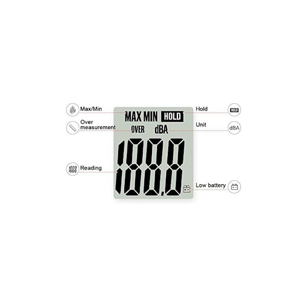 Soundometer 30-130DBA, professionell decibelmätare med bakgrundsbelyst skärm (9V batteri ingår)