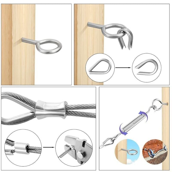 Rostfritt Stål Hängande Rep Kit, 50M/2mm Belagd Rostfri Stålvajer, med M5 Spännskruv och Krok, Rostfria Vajer Tillbehör för Räcken, Cl