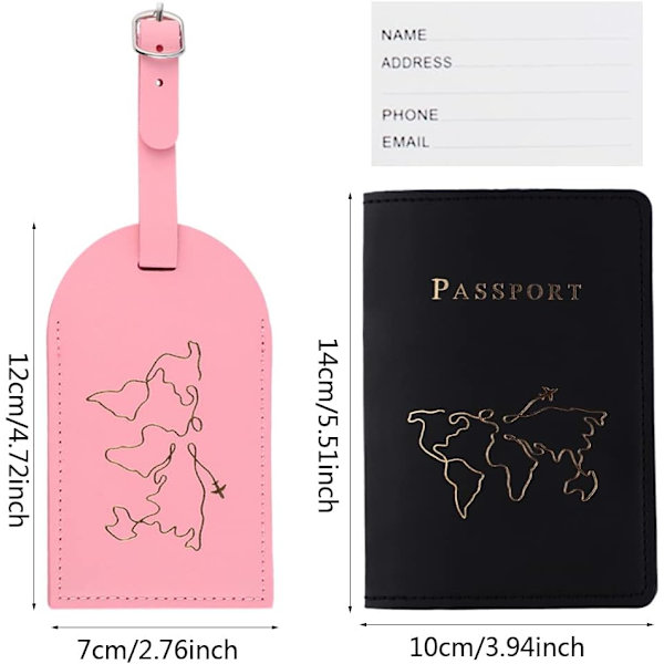 Rosa, svart - 2 bagasjelapper og 2 passholdere, passholder i skinn og koffertlapper, passholder og ID-bagasjelapper for par som reiser