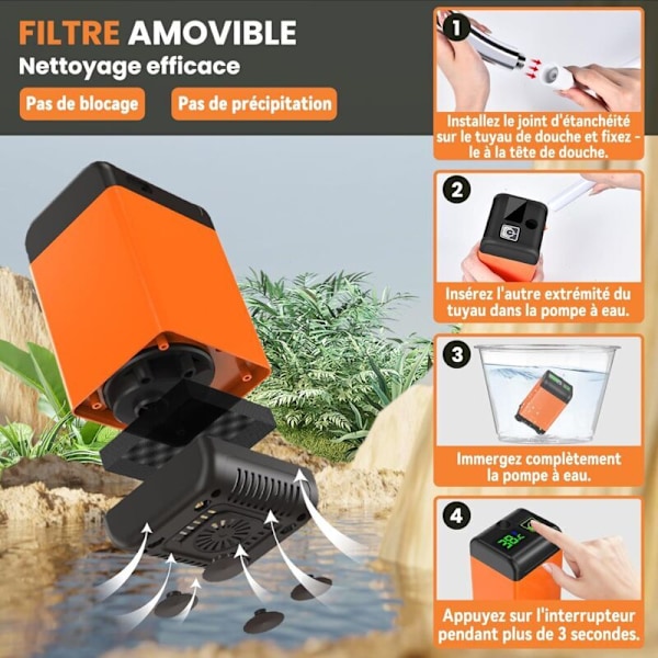 Camping Duschkit, Portabel Campingdusch, 6000mAh Uppladdningsbar Elektrisk Duschpump med Intelligent Temperatur och Justerbart Vattentryck för