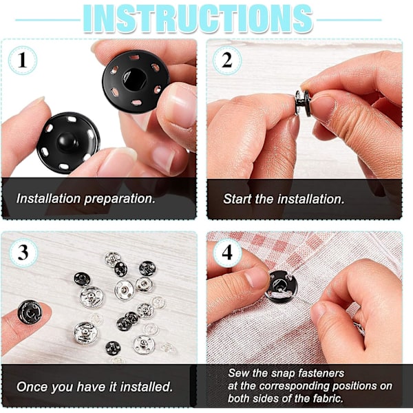 12 sett trykknapper for søm - trykknapper for søm - DIY trykknapper - metallknapper - sølv og svart - for håndverk, klær, vesker og håndvesker (19 mm)