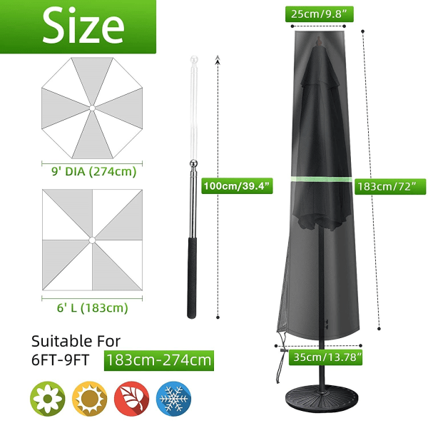 Parasol Cover with Rod, Patio Table Umbrella Protection Cover for 2-3.6m Diameter Large Parasol, New 420D Parasol Protector with Zipper Telescopic P