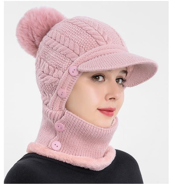 Stickad pullover för kvinnor med öronlappar i ull, halsduk integrerad varm mössa (rosa)