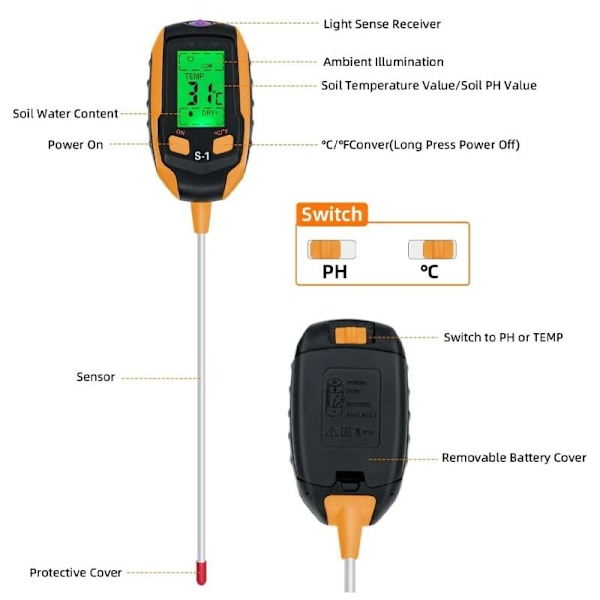 Jordtester 4 i 1 med pH/temperatur/fuktighet/lys for hagearbeid, plen, landbruk og utendørs planter