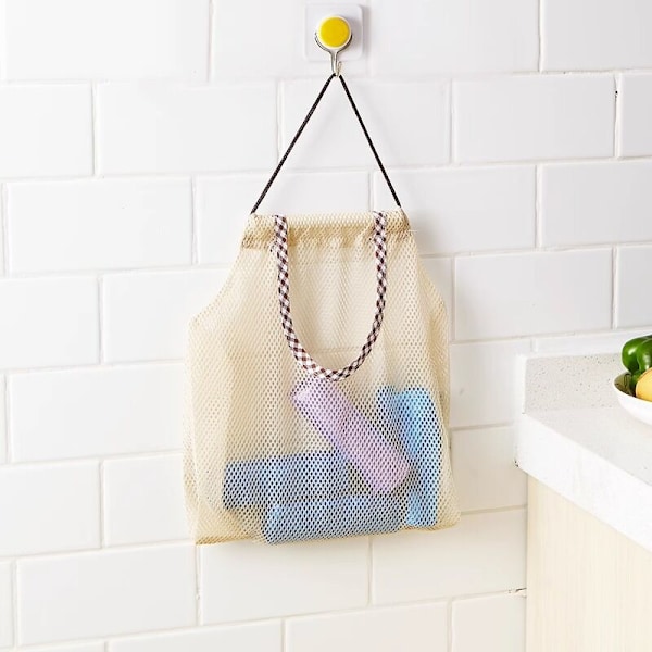Set med 4 återanvändbara påsar för hushållsprodukter - för gröna grönsaker och ekologisk potatis - beige - bärbara - för att förvara vitlök