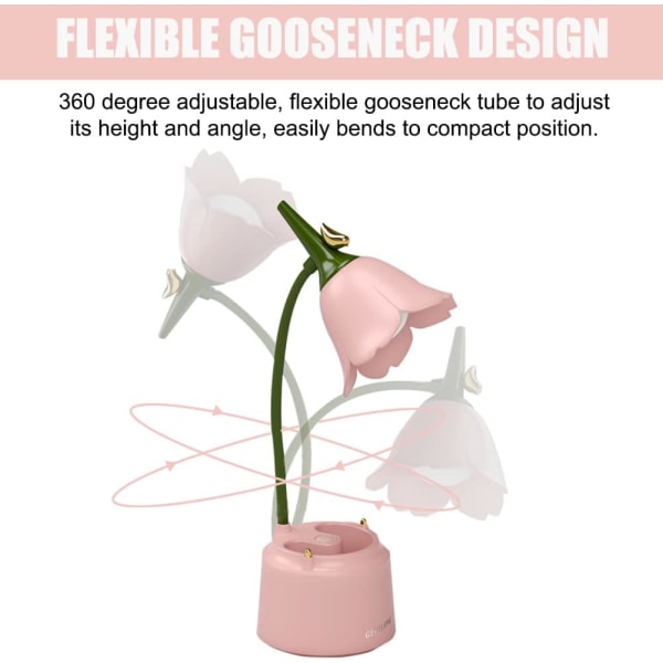 Barne-LED-skrivebordslampe (rosa), USB-oppladbar blomsterfugl-bordlampe, leselampe med justerbart lys og berøringssensor, soveromsdekorasjonslampe