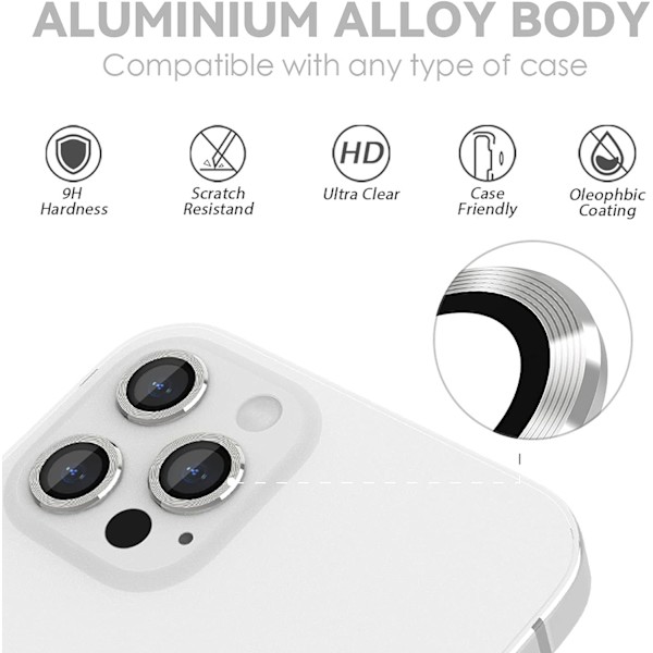 Silver Back Kameraskydd Kompatibel med iPhone 13 Pro och iPhone 13 Pro Max, [Aluminiumlegering], Fulltäckande 9H Hårdhet Kameraskydd